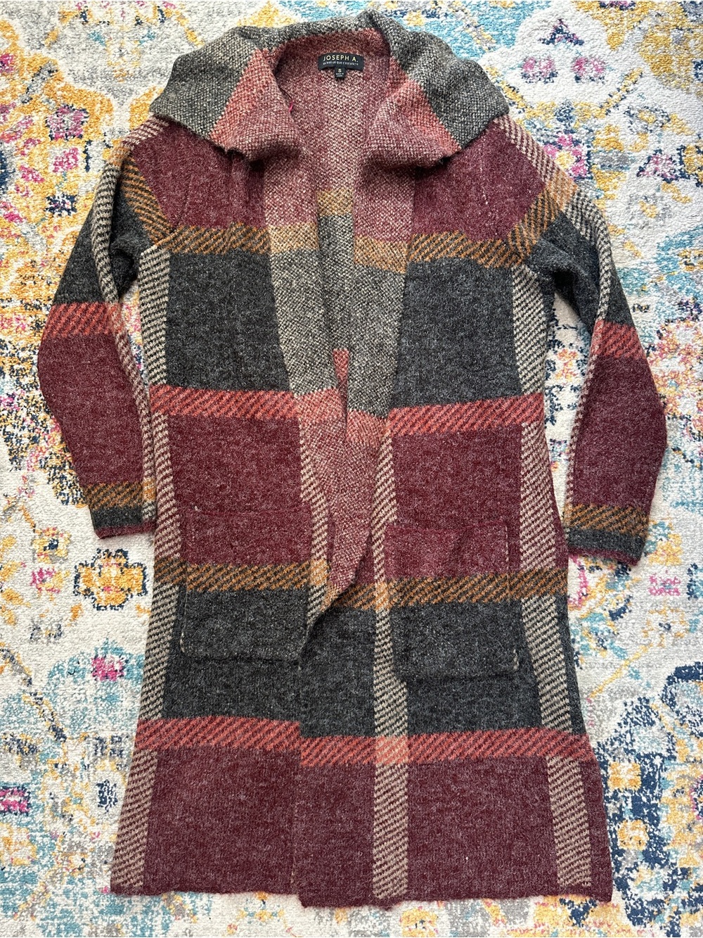 Joseph A Plaid Drape Collar Longline Coatigan Sweater Duster Womens Small